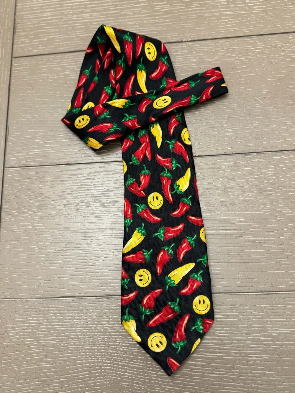 Puritan VintageBlack Tie with Red & Yellow Chili Peppers and Yellow Smiley Faces